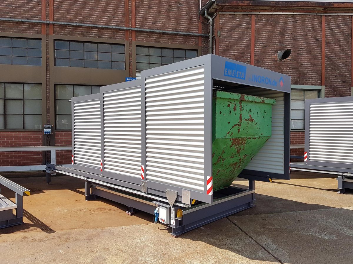 Containerstellplatz bestehend aus verfahbarem Dach und Wannensystem zur Lagerung eines Containers